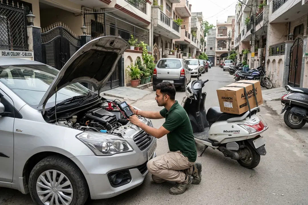 Technician testing a car battery with a digital analyser beside a parked sedan in a Delhi residential lane