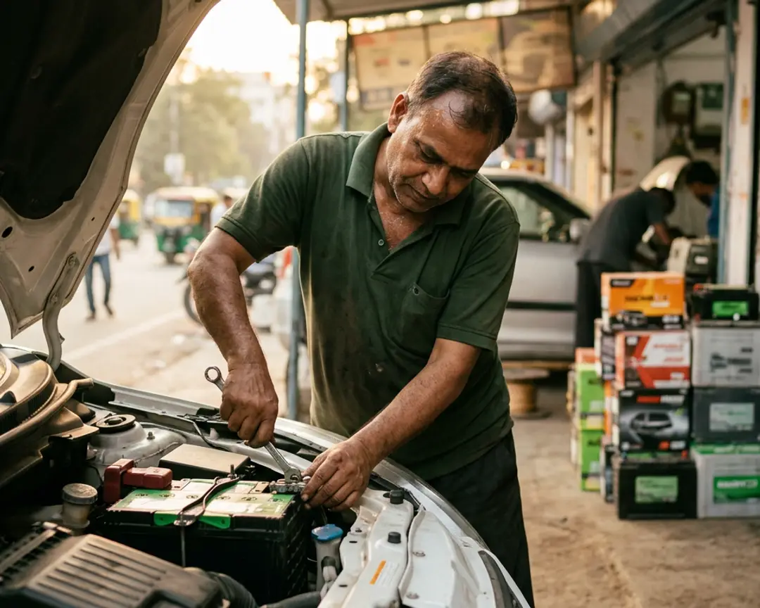 Technician tightening the terminal clamp on a newly fitted Amaron car battery at the Khanpur workshop